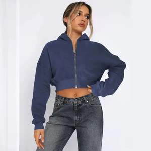 Sweat à capuche zippé en molleton de coton pour femme à manches longues taille haute hauts courts Streetwear vêtements d'extérieur avec capuche - Product Image 1