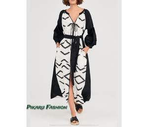 Women's Fashion Party Wear <b>Dress</b> Hot Selling Embroidery <b>Long</b> Sleeve Open Front V-Neck Free Size Woven Cloth for <b>Beach</b> - Product Image 1