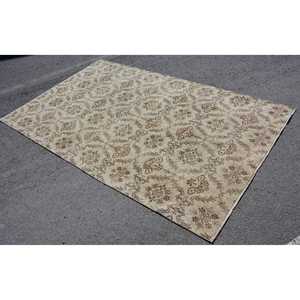 Vintage Turkish Rug 5.5x9.4 ft Large <b>Brown</b> White Bordered Patchwork <b>Wool</b> Rug Latex Backing Eco-Friendly Traditional Home Decor - Product Image 2