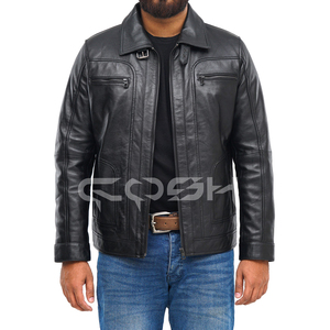 Veste en cuir noire élégante à fermeture éclair sur le devant, conçue avec plusieurs poches fonctionnelles et un col à revers - Product Image 3