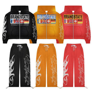 Streetwear survêtement personnalisé vintage délavé à l'acide pour hommes, sweat à capuche respirant à fermeture éclair et pantalon de survêtement évasé avec sérigraphie - Product Image 3