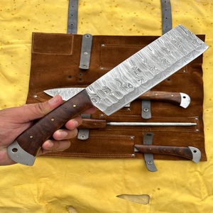 Tendance lames personnalisé 8 pouces en acier damas cuisine Chef couteau utilitaire ensemble forgé à la main en acier au carbone lame manche en bois rouleau de cuir - Product Image 4
