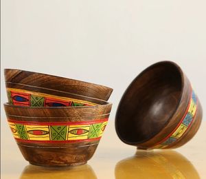 ชามทรงกลมทาสีด้วยมือสไตล์ชนเผ่าเซ็ตไม้ชามเสิร์ฟ3รอบสำหรับสลัดผลไม้พาสต้าหรือป๊อปคอร์น - Product Image 2