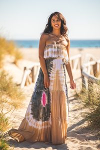 Robe maxi décontractée d'été à épaules dénudées, motif floral, tricotée, taille élastique naturelle, écologique, lavable, pour les vacances, les mariages, les invités - Product Image 5