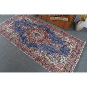 Alfombra Turca de 3.7x7.2 pies, Alfombra Vintage, Alfombra Marroquí de Lana Azul y Roja - Product Image 4