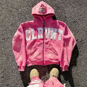 Sudaderas con capucha fabricantes personalizados de alta calidad hombre Hoodi peso pesado cremallera completa parches bordados sudaderas lavado ácido sudaderas con capucha hombres - Product Image 1