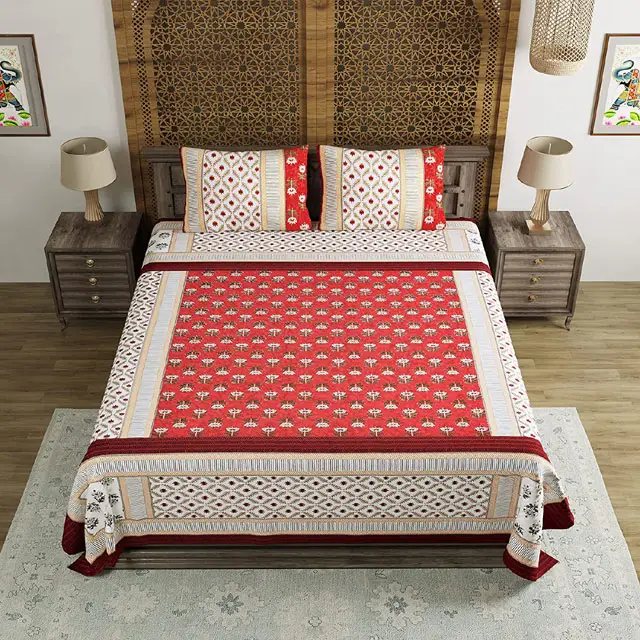 ผ้าปูที่นอนผ้าฝ้ายสไตล์อินเดีย,ผ้าปูที่นอนพิมพ์ลาย Sanganeri ทันสมัยพร้อมปลอกหมอนชุดเครื่องนอนสุดหรูสำหรับห้องนอน