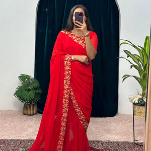 Dernière collection de saris brodés en georgette traditionnelle pour les mariages, les festivals, le lin, la mode indienne, fabricant direct - Product Image 1