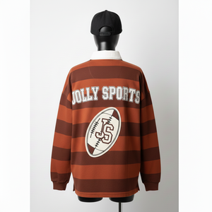 Camiseta de Rugby para Mujer, 240 GSM, Mezcla de Algodón y Poliéster, Diseño de Paneles a Rayas Marrón y Naranja, Logotipo Personalizado Bordado - Product Image 2