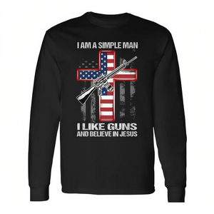 T-shirt à manches longues pour homme adulte, col rond, avec impression sérigraphiée « Simple Man I Like Guns And Believe In Jesus », cadeaux religieux pour l'église - Product Image 2