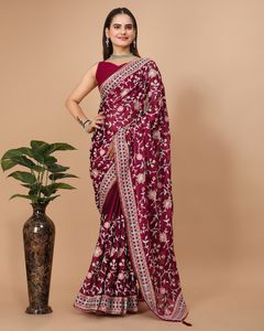 Saree en soie de Georgette de travail de broderie lourde de concepteur pour le festival de fête des femmes par FABZONE de haute qualité - Product Image 3