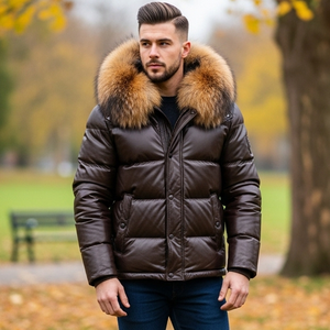Puffer Leather <b>Jacket</b> with Fox Fur Hood Breathable <b>Summer</b> Casual Puffer <b>Jacket</b> <b>for</b> <b>Men</b> - Product Image 4
