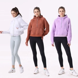 Winter Solid Plain Dyed Half Zipper <b>Thick</b> <b>Fleece</b> Hooded Sweatshirt for Outdoor Sports Yoga Fitness - Product Image 1
