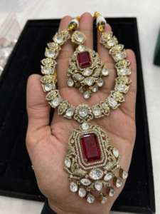 Premium High Gold Plated Luxury Kundan Polki <b>Necklace</b> Long Earring Set <b>Vintage</b> Style Large Emerald Centerpiece Brass Zircon - Product Image 5