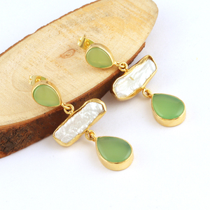 ต่างหูแฟชั่นใหม่มุกธรรมชาติและสีเขียว Chalcedony 24K ชุบทองสไตล์ผู้หญิงต่างหูแฮนด์เมดลดลงต่างหูเครื่องประดับหรูหรา - Product Image 2