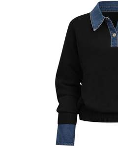 Customized Women <b>Black</b> Knit Sweater With Denim Collar Button Neck <b>Long</b> <b>Sleeve</b> Pullover Casual Winter <b>Top</b> Soft Acrylic Blend - Product Image 3