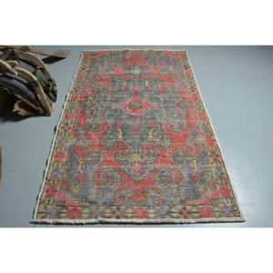 Tapis turc vintage classique rouge gris 4.3 X 7.2ft grande surface en peluche Pile hauteur motif abstrait laine Latex pour couloir chambre décor - Product Image 1