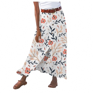 Jupe décontractée mi-longue fendue en coton et lin pour femme, nouvelle collection été 2024, style A-line, taille mi-haute, couvrant les hanches - Product Image 4