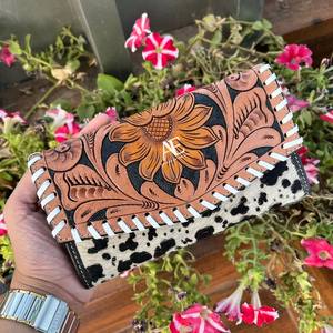 Cartera de mano de girasol de estilo occidental para mujer, billetera de cuero de piel con estampado de animales, diseño único por damas - Product Image 1