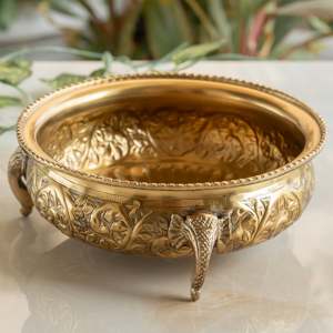 Traditional Style Gold Brass Urli with <b>Elephant</b> Trunk and Foliage Design Round Shape Tabletop Vase for Diwali Festivities - Product Image 1