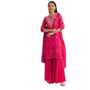 Wholesale <b>Red</b> Chinon Asymmetrical Kurta Palazzo Suit with Embroidery <b>for</b> Festive Party Wear Wedding Reception and Custom Orders - Product Image 2