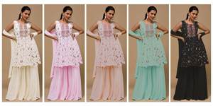 Nouveaux costumes de fausse georgette lourde de concepteur avec le travail de broderie avec Dupatta pour la vente à l'exportation de l'Inde pakistanaise traditionnelle - Product Image 5