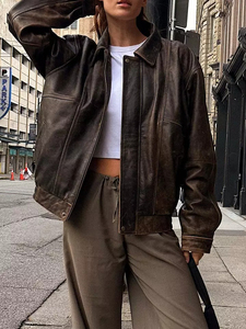 2025 chaqueta de cuero marrón de gran tamaño 90s mujer cuero genuino bombardero chaqueta de gran tamaño chaqueta de cuero de mujer PU - Product Image 6