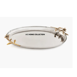 ถาดเสิร์ฟพร้อมที่จับทองเหลืองและสแตนเลสพร้อมที่จับลายดอกไม้ทำด้วยมือสำหรับตกแต่ง - Product Image 1