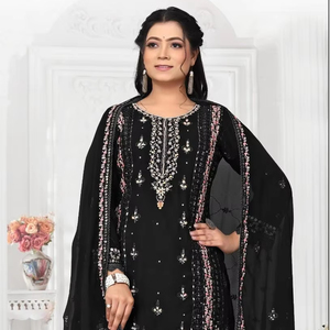 Tendance 4 pièces indienne pakistanaise Georgette brodée tenue de fête Shalwar Kameez ensemble Patch travail bas Dupatta pour les fêtes - Product Image 1