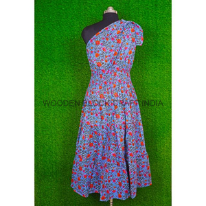 เดรสทูนิคคอตตอนลายดอกไม้เปิดไหล่ข้างหนึ่งของผู้หญิงชุดงานปาร์ตี้สไตล์โบฮีเมียนลำลองพิมพ์ลายดิจิตอล - Product Image 5