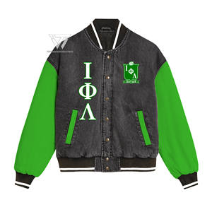 Custom Greek Iota Phi Lambda Sorority Clothing Embroidered Letterman Varsity <b>Jeans</b> Denim Jacket Greek Paraphernalia - Product Image 1