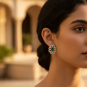 "Floral Arrow-Shape <b>Stud</b> <b>Earrings</b> in 18k Yellow Gold with <b>Emerald</b> Cut Diamonds for Women" - Product Image 3