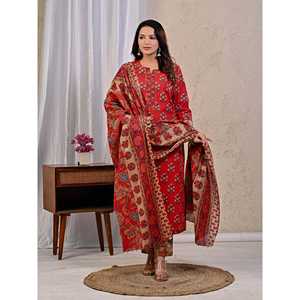 <b>Red</b> Printed Cotton Anarkali Kurta Pant Set Mulmul Dupatta Stitched Pakistani Style for Party Wear Indian Net Fabric <b>Silk</b> - Product Image 6