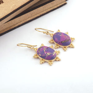 Boucle d'oreille design tortue grande pierre ovale mohave violet cuivre turquoise crochet boucle d'oreille en laiton massif plaqué or pour dames boucle d'oreille goutte - Product Image 3