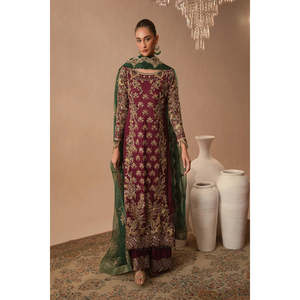 Ensemble de costume de luxe pour femmes en daim bordeaux orné de pierres TC-1430 - Product Image 1
