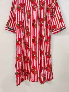 Red <b>Strawberry</b> Fruit <b>Print</b> Cotton V-neck Long Sleeve Floor-Length Casual Lightweight Breathable Summer Elegant Comfortable <b>Dress</b> - Product Image 3