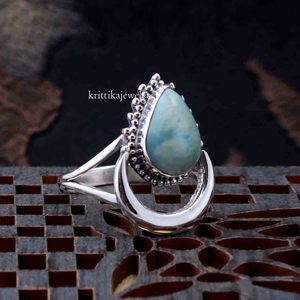High Quality Handmade 925 Sterling Silver Women's Bohemian Style Wedding <b>Statement</b> <b>Ring</b> Pear Cut Larimar Gemstone Bezel Set - Product Image 4
