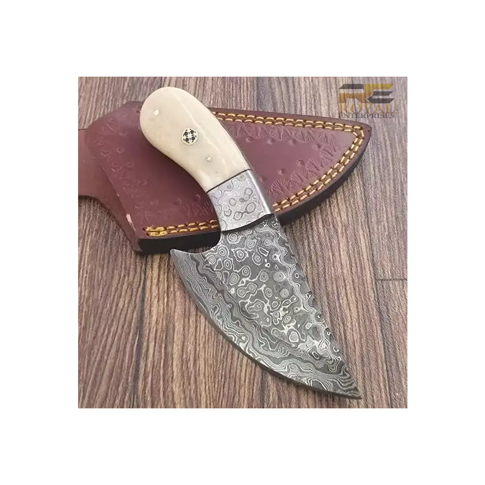 Cuchillo de acero de Damasco hecho a mano personalizado con mango de hueso de camello y cuchillo de carnicero de cuero fino cuchillo de camping