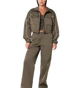 Ensemble de survêtement deux pièces coupe-vent avec doublure en maille, fermeture éclair, impression et broderie de logo, pour femmes - Product Image 1