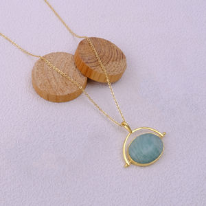 Natural Amazonite Gemstone Charm Necklace Set Gold Plated Brass Oval Shape with <b>Chains</b> Birthstone Necklaces Trendy Style - Product Image 3