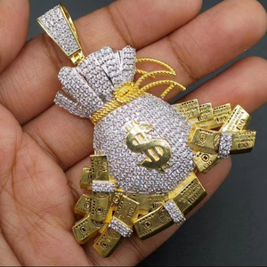 14KT Gold Lab Grown Miami Iced Out Dollar Money Bag Design Pendentif Hommes Collier Hip Hop Chaîne Lien Rappeur Pendentif Bijoux - Product Image 1