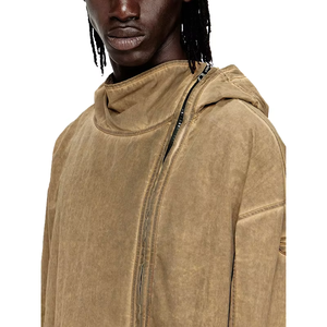 Veste décontractée vintage à coupe ample pour homme, jaune, délavée, à capuche, asymétrique, avec fermeture éclair bidirectionnelle et une seule poche - Product Image 2