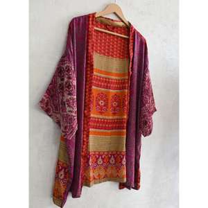 Kimono Corto Estilo Boho, Talla Grande, Transpirable, Hasta la Rodilla, con Parches de Seda, Hecho a Mano, Estampado Indio, Chaqueta Informal - Product Image 2