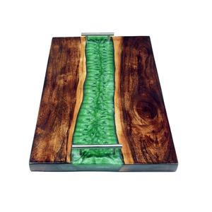 Bandeja para servir verde madera y resina con asas Plato para servir alimentos Bandeja de desayuno de Acacia multifuncional rectangular - Product Image 4