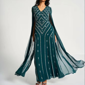 Manches voile avec la robe maxi col en v robe perlée avec les perles et sequin couleur vert sarcelle du cocktail et du soir - Product Image 1