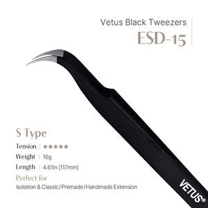 Pinzette di precisione in acciaio inossidabile a forma di S Vetus ESD-15 nere, punta liscia, applicatore per sopracciglia, 120 mm, alta qualità - Product Image 2