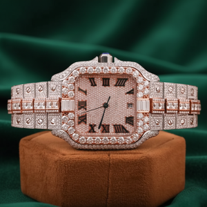 Reloj de Lujo con Moissanita Cuadrada, Acero Inoxidable, Esfera Romana, Tono Oro Rosa, Cristal de Zafiro, Resistente al Agua - Product Image 1