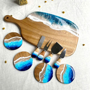 Ensemble de planche à découper en bois d'acacia ensemble de planche à découper en résine décor pour cuisine moderne planche à découper vagues bleu océan - Product Image 6