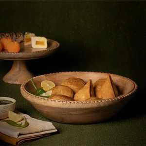Bol à salade en bois de manguier émaillé bleu floral, intérieur imprimé motif poire, plat de service en bois pour cuisine, table à manger, décoration intérieure, cadeau - Product Image 5
