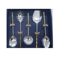 Ensemble de 6 couverts de service à salade en acier inoxydable et laiton avec motif de feuilles pour ensembles de service de table de cuisine à bas prix